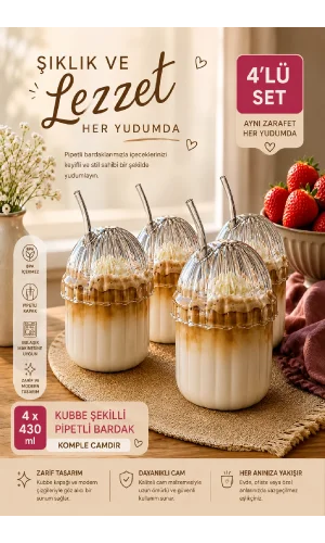 4'lü Kübbe Kapaklı Pipetli Bardak Isıya Dayanıklı EggGlass İskandinav Kahve Sunum Bardağı 430ml