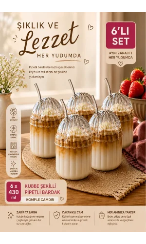6'lı Kübbe Kapaklı Pipetli Bardak Isıya Dayanıklı EggGlass İskandinav Kahve Sunum Bardağı 430ml