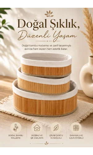 Pinterest Stil 3’lü Bambu Oval Hasır Sepet Çok Amaçlı Dekoratif Ev Organizer Seti