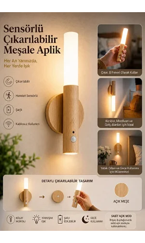 Sensörlü Çıkarılabilir Meşale Aplik Şarjlı LED Kablosuz Duvar Lambası Oda Gece Işığı Taşınabilir