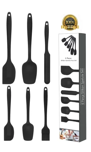 6lı Silikon Fırça Spatula Servis Takımı Yanmaz Yapışmaz Siyah Fırçası Kaşık Bıçak Spatula