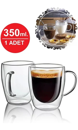 Çift Camlı Çift Cidarlı Cam Kupa 350 Ml Ev Ofis Fincanı Çift Katlı Isı Yalıtıml
