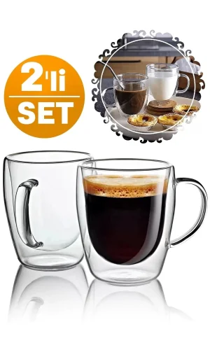 Çift Cidarlı 2 Adet Bardak Cam Kupa 310 Ml Ev Ofis Espresso Kahve Fincanı