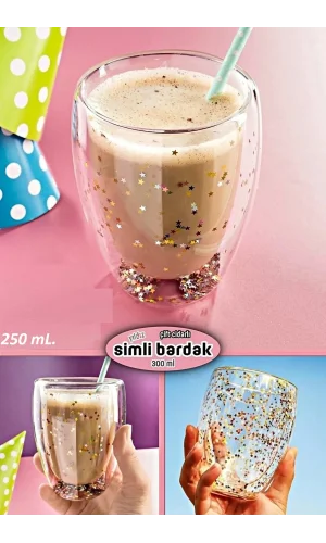 Çift Cidarlı Cam Bardak Yıldız Simli Kahve Sunum Kokteyl Bardağı Isıya
