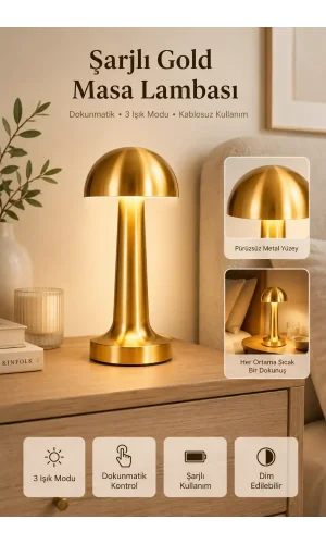 Şarjlı Dokunmatik LED Masa Lambası 3 Renk Işık Modlu Kablosuz Type-C Modern Gold Tasarım