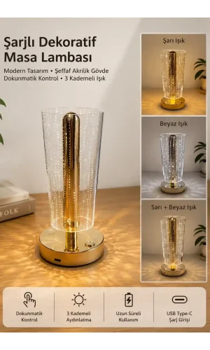 Şeffaf Silindir Akrilik Gövdeli Gold Şarjlı Dokunmatik LED Masa Lambası 3 Kademeli Dekoratif Lamba