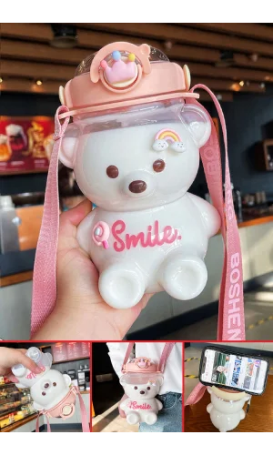 Şeffaf Smile Pink Ayıcık Su Matarası 1000ml Askılı Çocuk Su Şişesi Pipetli Sızdırmaz Kokusuz Suluk