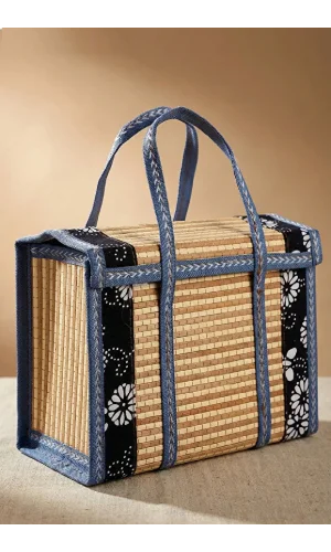 Stil Modern Piknik Dokuma Sepet Hasır Saklama Çantası Kapaklı Bambu Örgülü Sepet Organizer