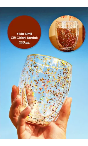 Yıldız Simli Çift Cidarlı Cam Bardak Kahve Sunum Kokteyl Bardağı Isıya Dayanıklı