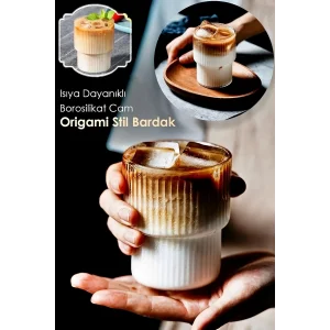 Origami Stil Şeffaf Çizgili Cam Bardak Kokteyl Çay Kahve Sunum Isıya Dayanıklı Borosilikat Bardağı