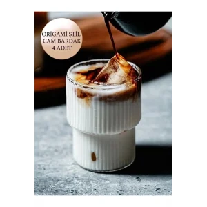 4lü Origami Stil Şeffaf Çizgili Bardak Kahve Sunum Borosilikat