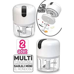 2li Şarjlı Mini El Rondosu Çelik 3 Bıçaklı 250 Ml Mutfak Robotu Hazneli Sebze Et Doğrayıc Rende