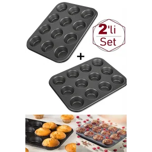12 Bölmeli Muffin Kek Kalıbı 2 Li Set Yanmaz Yapışmaz Çörek Cupcake