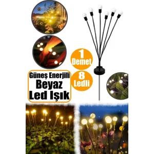 Güneş Enerjili Beyaz Bahçe Aydınlatma 8 Ledli Şık Dekoratif Solar Bahçe Lambası 1