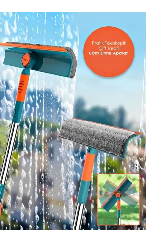 Teleskopik Çift Yönlü Pratik Cam Silme Aparatı 180 Derece Döner Pencere Cam Temizleyici