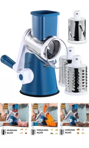Mavi 3 Bıçaklı Kollu Değirmen Sebze Meyve Peynir Fındık Dilimleyici Doğrayıcı Öğütücü Rende Seti
