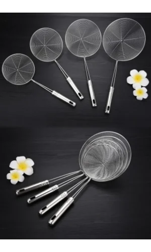 Çelik Kevgir Süzgeç Metal Saplı Kabak Sebze Patates Kızartma  Yağ Süzgeci Tel Kepçe 4lü Servis Seti