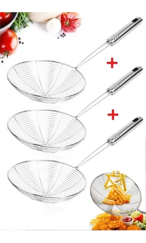 3 Adet Servis Seti Kepçe Kevgir Mutfak Patates Kızartma Yağ Süzgeci Çelik Kevgir Kepçe Süzgeç Seti