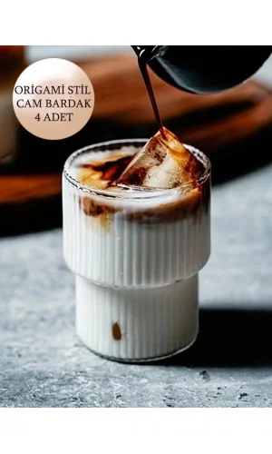 4lü Origami Stil Şeffaf Çizgili Bardak Kahve Sunum Borosilikat