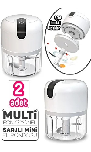 2'li Şarjlı Mini El Rondosu Çelik 3 Bıçaklı 250 Ml Mutfak Robotu Hazneli Sebze Et Doğrayıc Rende