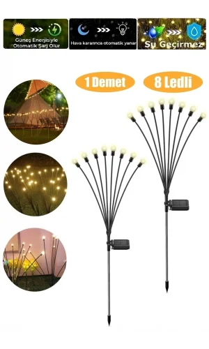 Güneş Enerjili Beyaz 8 Ledli Dekoratif Solar Bahçe Lambası Bahçe Aydınlatması