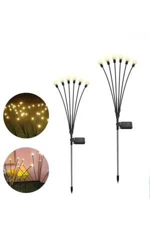 2 Adet Sarı Işık 6 Dal Işık Buketi Ateş Böceği Modeli Bahçe Solar Güneş