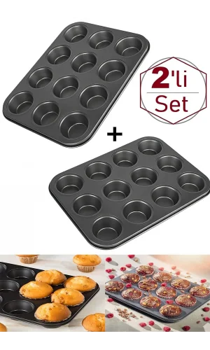 12 Bölmeli Muffin Kek Kalıbı 2 Li Set Yanmaz Yapışmaz Çörek Cupcake