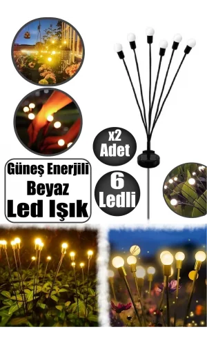 Güneş Enerjili 6'lı Led Işık Beyaz Solar Bahçe Çiti Süs Dış Mekan Peyzaj 2 Modlu
