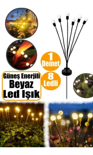 Güneş Enerjili Beyaz Bahçe Aydınlatma 8 Ledli Şık Dekoratif Solar Bahçe Lambası 1