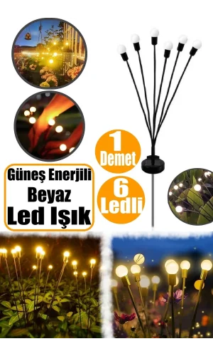 6 Ledli Güneş Enerjili Beyaz Aydınlatma Dekoratif Solar Bahçe Işıkları Dış Mekan 2 Modlu Lamba