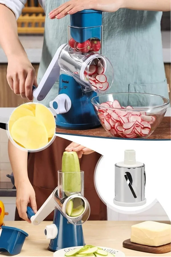 Mavi 3 Bıçaklı Kollu Değirmen Sebze Meyve Peynir Fındık Dilimleyici Doğrayıcı Öğütücü Rende Seti
