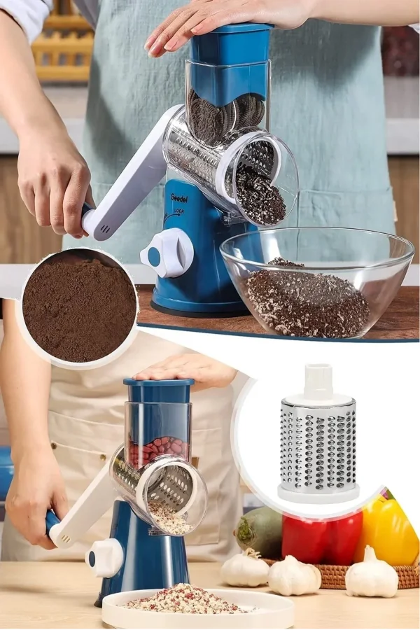 Mavi 3 Bıçaklı Kollu Değirmen Sebze Meyve Peynir Fındık Dilimleyici Doğrayıcı Öğütücü Rende Seti