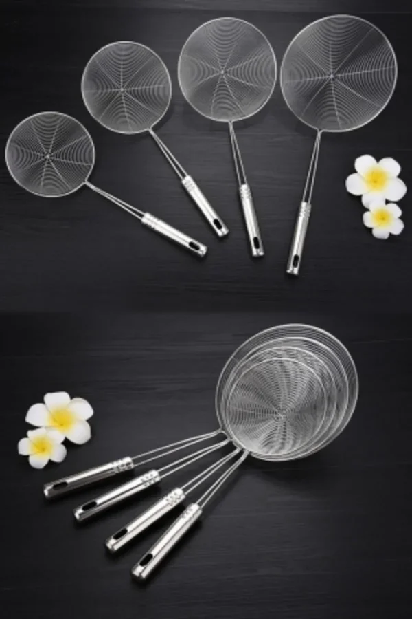 Çelik Kevgir Süzgeç Metal Saplı Kabak Sebze Patates Kızartma  Yağ Süzgeci Tel Kepçe 4lü Servis Seti