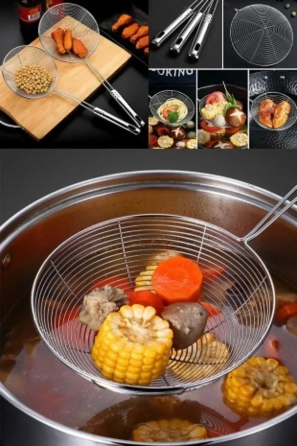 Çelik Kevgir Süzgeç Metal Saplı Kabak Sebze Patates Kızartma  Yağ Süzgeci Tel Kepçe 4lü Servis Seti
