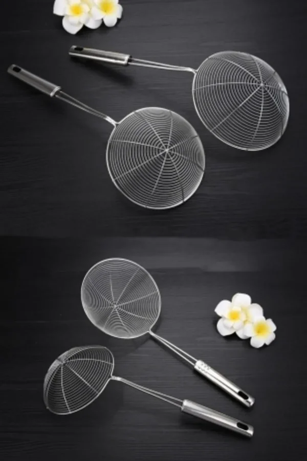 Çelik Kevgir Süzgeç Metal Saplı Kabak Sebze Patates Kızartma  Yağ Süzgeci Tel Kepçe 4lü Servis Seti