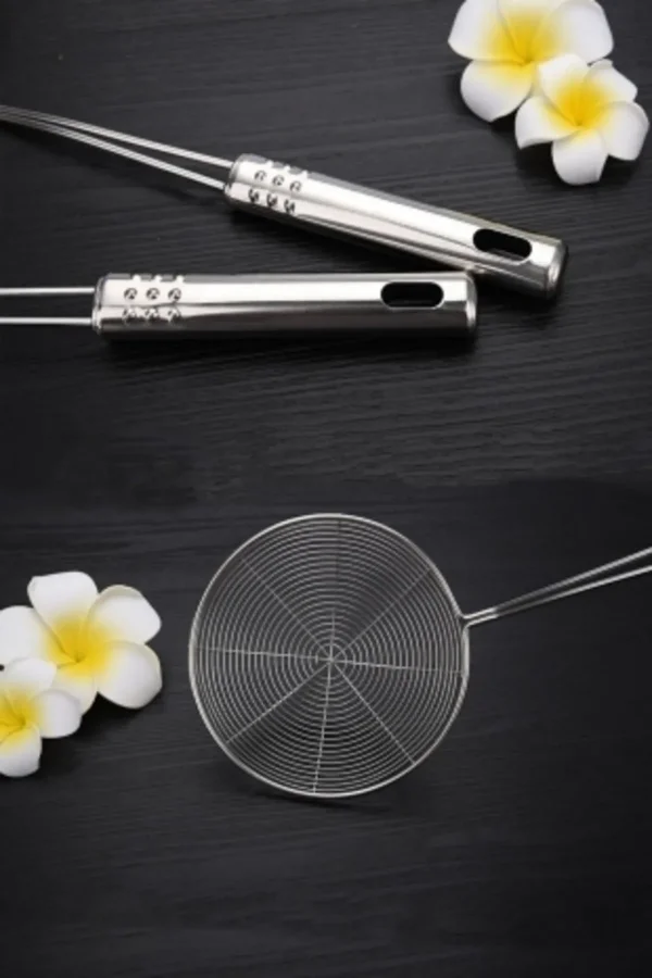 Çelik Kevgir Süzgeç Metal Saplı Kabak Sebze Patates Kızartma  Yağ Süzgeci Tel Kepçe 4lü Servis Seti