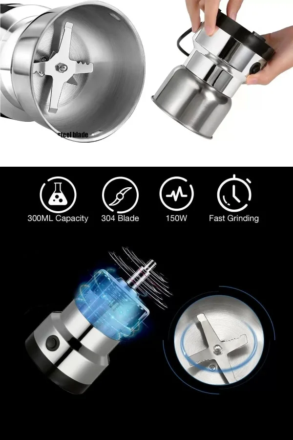 Elektrikli Çelik Kahve Baharat Öğütücü Kahve Tuz Değirmeni Pirinç Biber Tahıl Doğrayıcı Gıda Öğütme