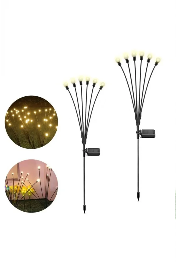 2 Adet Sarı Işık 6 Dal Işık Buketi Ateş Böceği Modeli Bahçe Solar Güneş