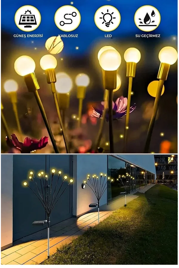 2 Adet Sarı Işık 6 Dal Işık Buketi Ateş Böceği Modeli Bahçe Solar Güneş