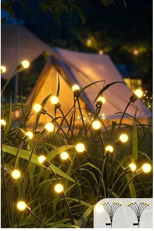 2 Adet Sarı Işık 6 Dal Işık Buketi Ateş Böceği Modeli Bahçe Solar Güneş