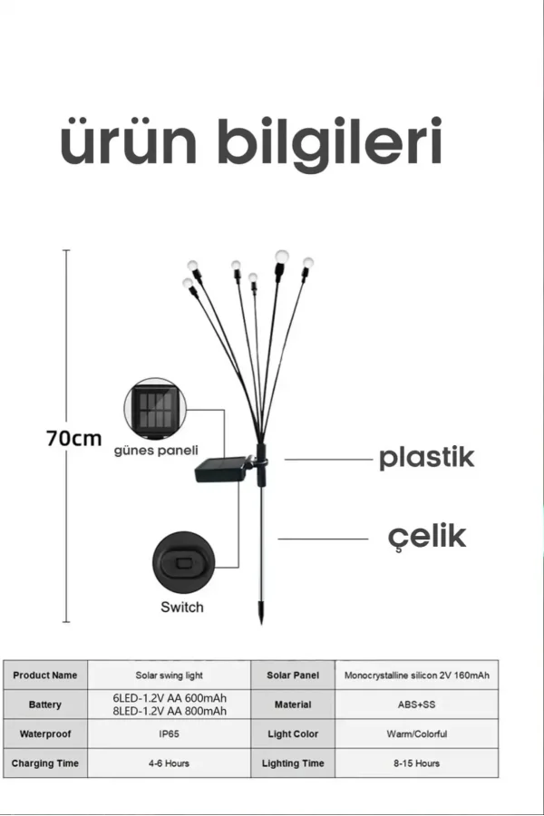2 Adet Sarı Işık 6 Dal Işık Buketi Ateş Böceği Modeli Bahçe Solar Güneş
