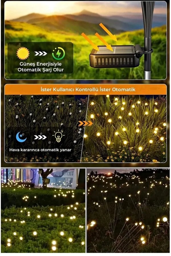 2 Adet Sarı Işık 6 Dal Işık Buketi Ateş Böceği Modeli Bahçe Solar Güneş