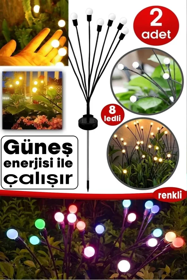 8 Ledli Güneş Enerjili Bahçe Aydınlatması Lamba Solar Renkli Işık Ateş Böceği Peyzaj Süs Çiçeği