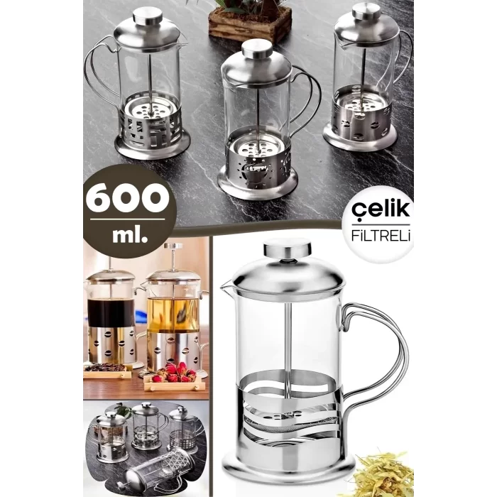 French Press Bitki Çayı Demliği 600 Ml Çelik Dekor Gövdeli Kulplu Ölçü Kabı Cam French Press Kahve