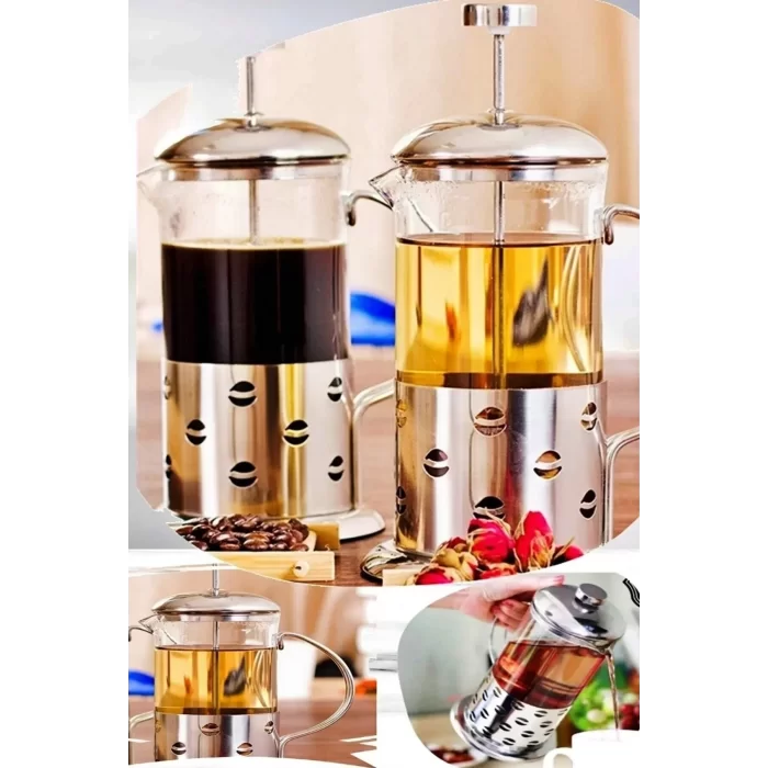 French Press Bitki Çayı Demliği 600 Ml Çelik Dekor Gövdeli Kulplu Ölçü Kabı Cam French Press Kahve