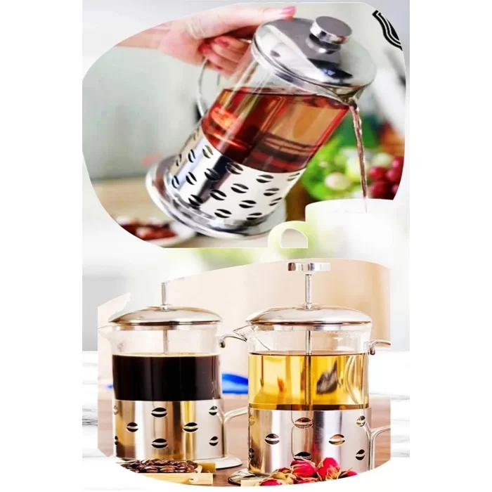 French Press Bitki Çayı Demliği 600 Ml Çelik Dekor Gövdeli Kulplu Ölçü Kabı Cam French Press Kahve