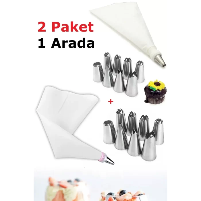 20 Parça Krema Sıkma Torbası Metal Duy Şekilli Başlık Dayanıklı Yırtılmaz Pasta Kek