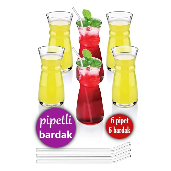 6 Lı Pipetli Cam Karaf Bardak 300 Ml Sıcak Soğuk Cam Meşrubat Bardağı Süt Bardağı Limonata