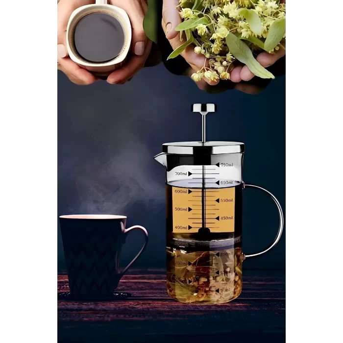 French Press Filtre Kahve Bitki Çayı Demliği Çay Demleme Borosilikat Cam Kulplu Ölçü Kabı 750 Ml.