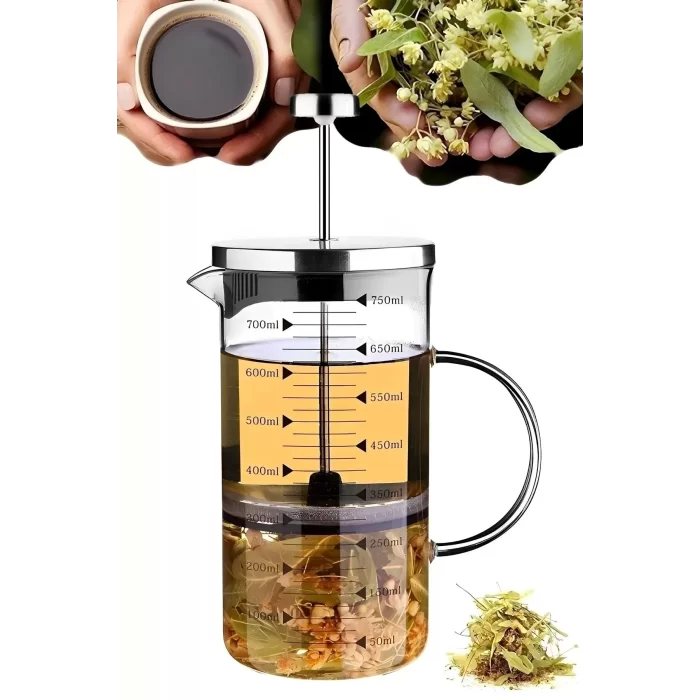 French Press Filtre Kahve Bitki Çayı Demliği Çay Demleme Borosilikat Cam Kulplu Ölçü Kabı 750 Ml.